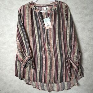 Palm Rio Womens 2X Striped Tunic Top Pink Black Tan Tie Sleeve V-Neck Blouse NEW